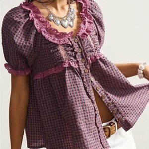Elegant Plaid Button-Down Shirt with Lace Trim